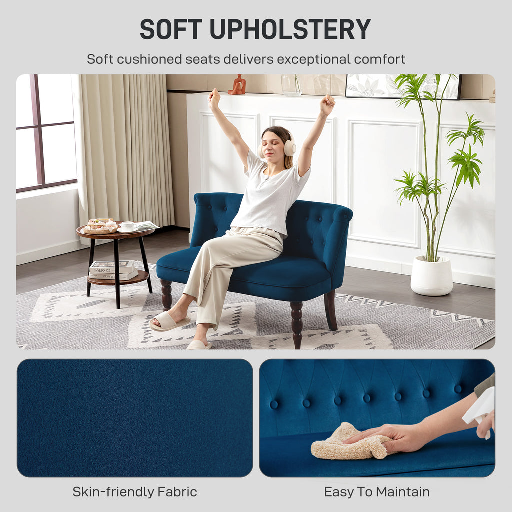 Velvet 2 Seater Sofa, Button Tufted Wingback Loveseat with Rubber Wood Legs for Living Room, Bedroom, Dark Blue