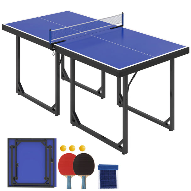 Blue 6ft folding table tennis table with net on a silver metal frame
