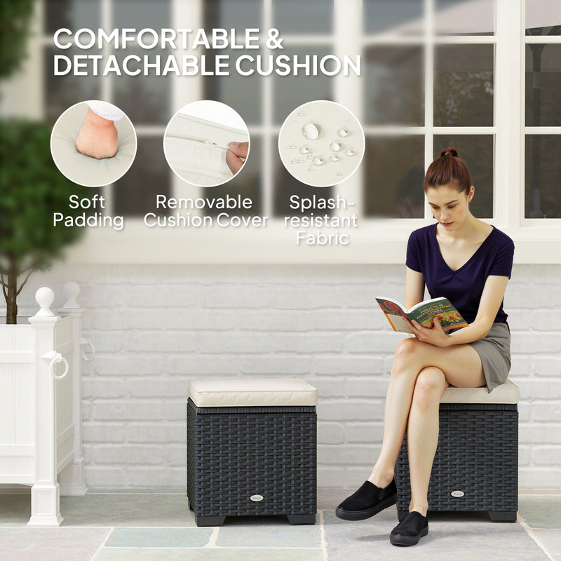 Outsunny Set of 2 Rattan Storage Ottoman, Outdoor Footstool with Removable Cushions, Garden Storage Seat for Balcony – view 5