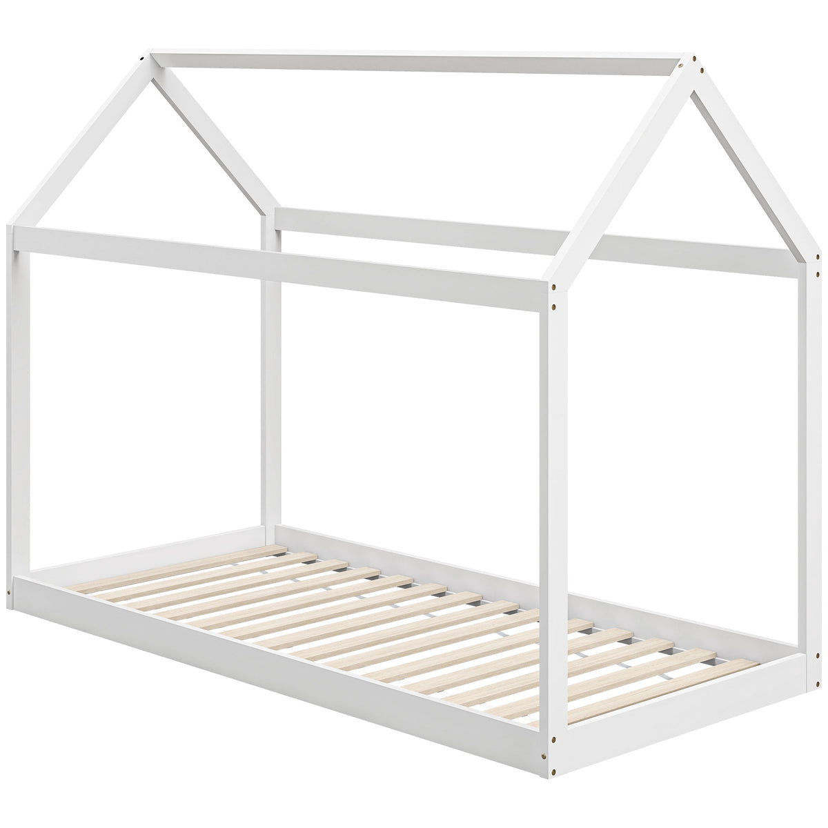 White solid pine house-shaped single bed frame with roof frame