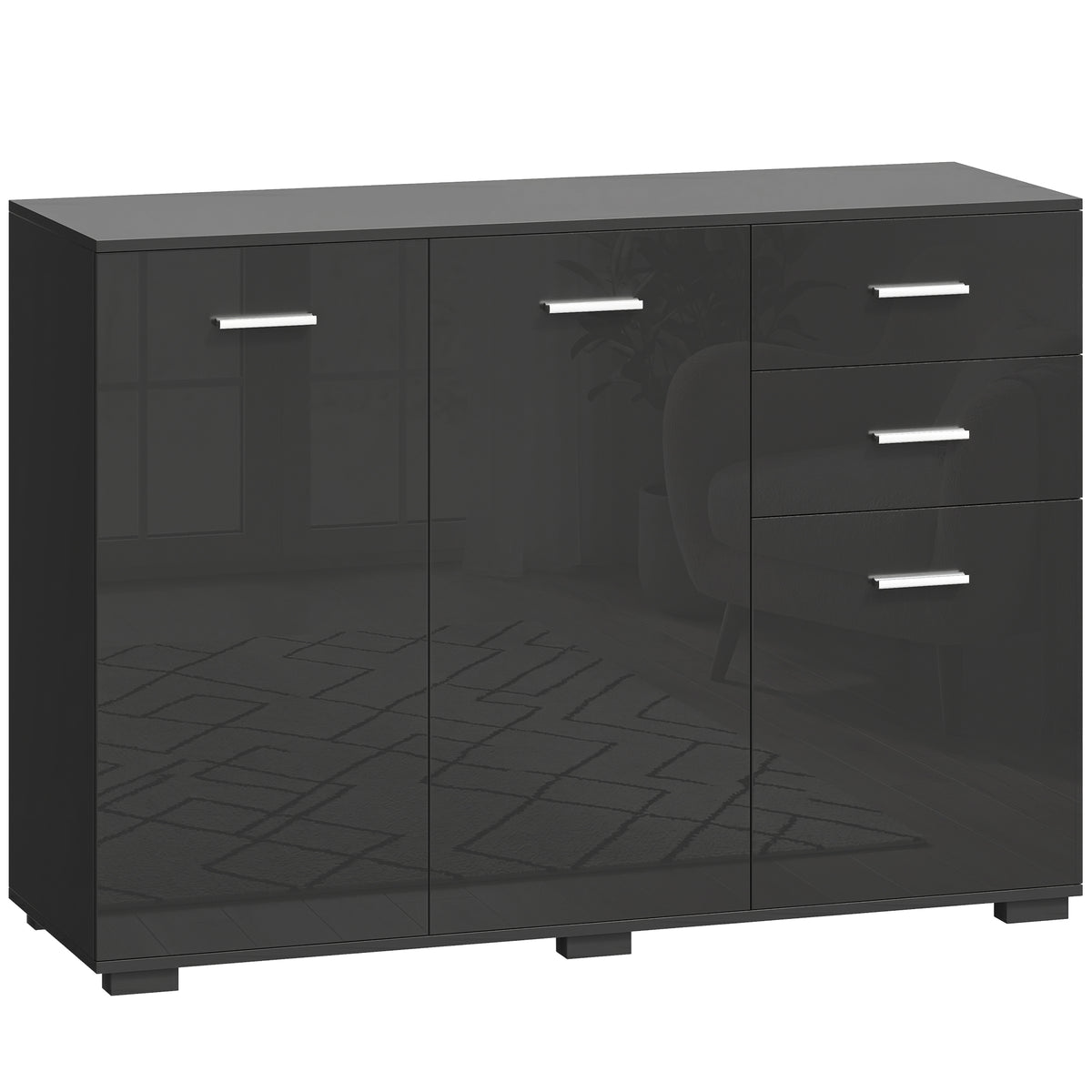 HOMCOM Sideboard, Modern Storage Cabinet with 2 Drawers, 3 Doors and Adjustable Shelves, High Gloss Black
