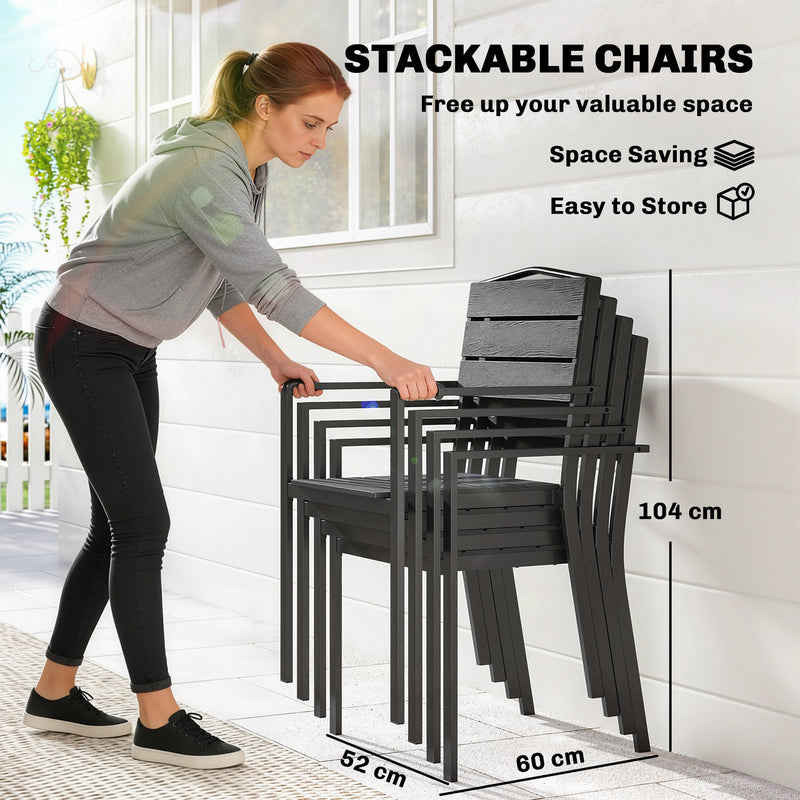 Outsunny Stackable Garden Chairs Set of 4, Garden Dining Chairs with Slatted HDPE Seat Back, Armrests, Metal Frame – view 4