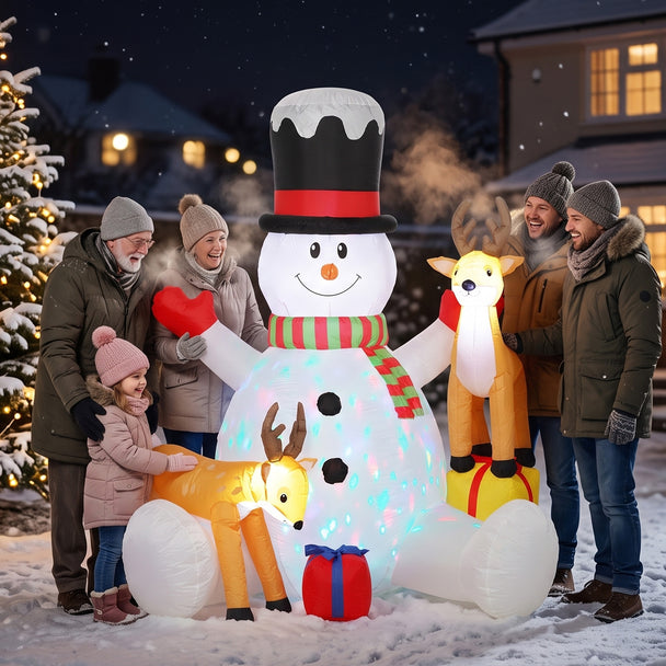 7ft Snowman and Reindeer Christmas Inflatable displayed outside a decorated home