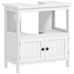 White farmhouse-style under sink cabinet with double doors, open display shelf and bronze-tone handles