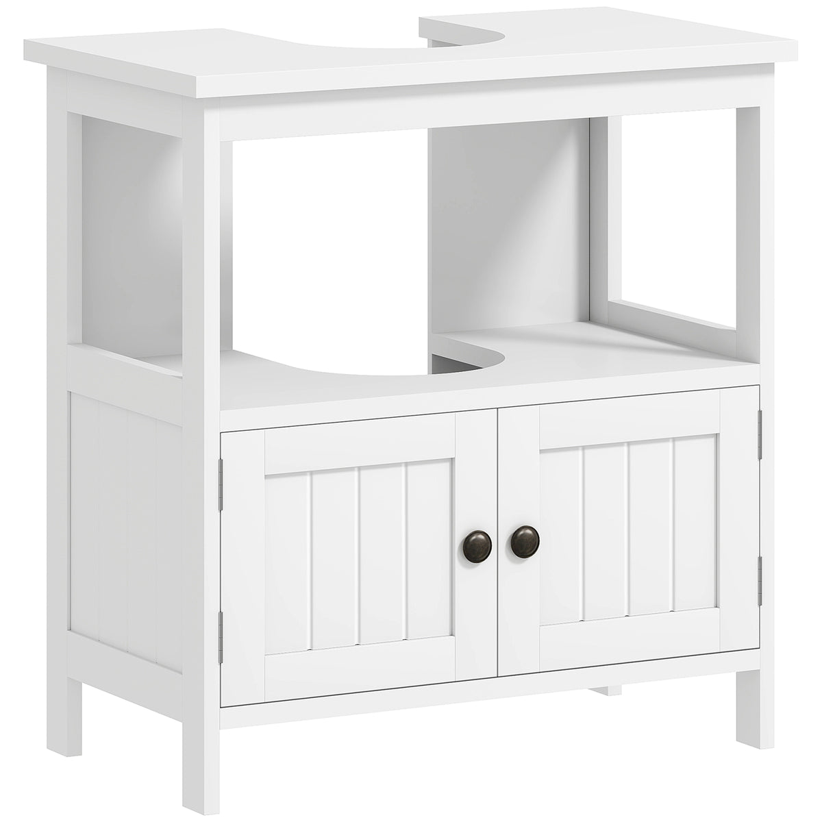 White farmhouse-style under sink cabinet with double doors, open display shelf and bronze-tone handles
