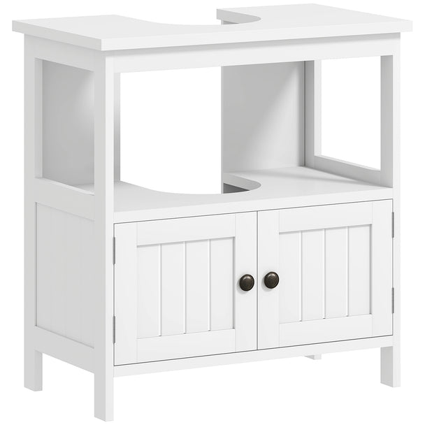 White farmhouse-style under sink cabinet with double doors, open display shelf and bronze-tone handles