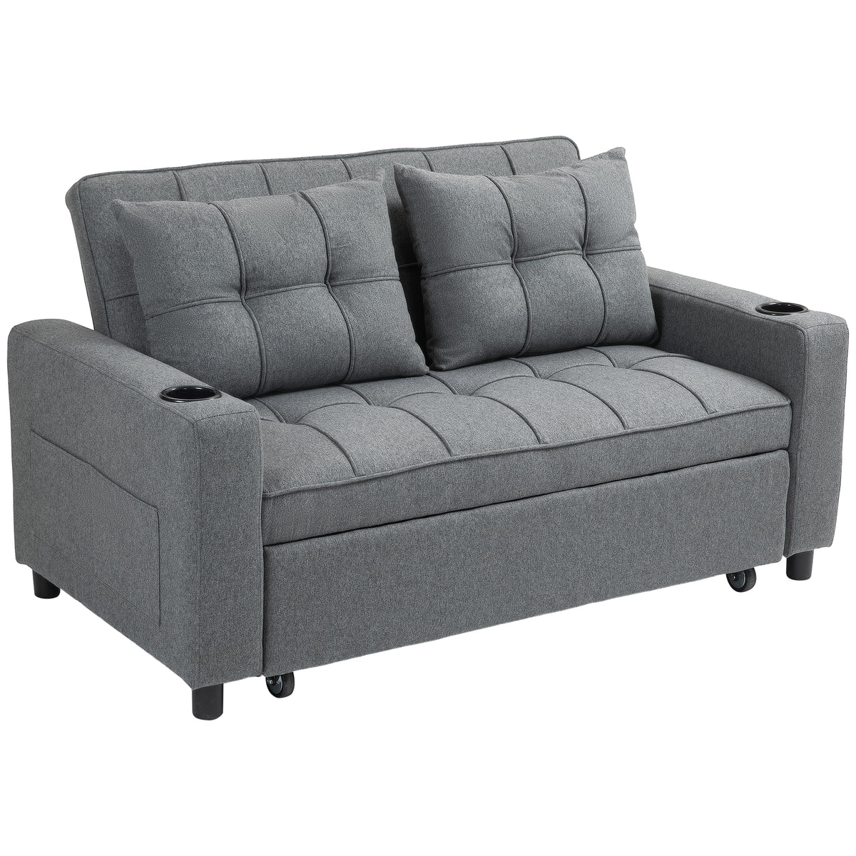 2-Seater Pull-Out Sofa Bed with Cup Holders – Charcoal Grey
