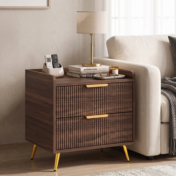 HOMCOM Elegant Two-Drawer Bedside Table - Walnut Brown – view 2