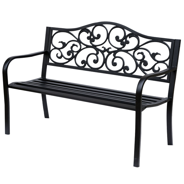 Black steel 2-seater garden bench with vintage floral cast backrest and armrests