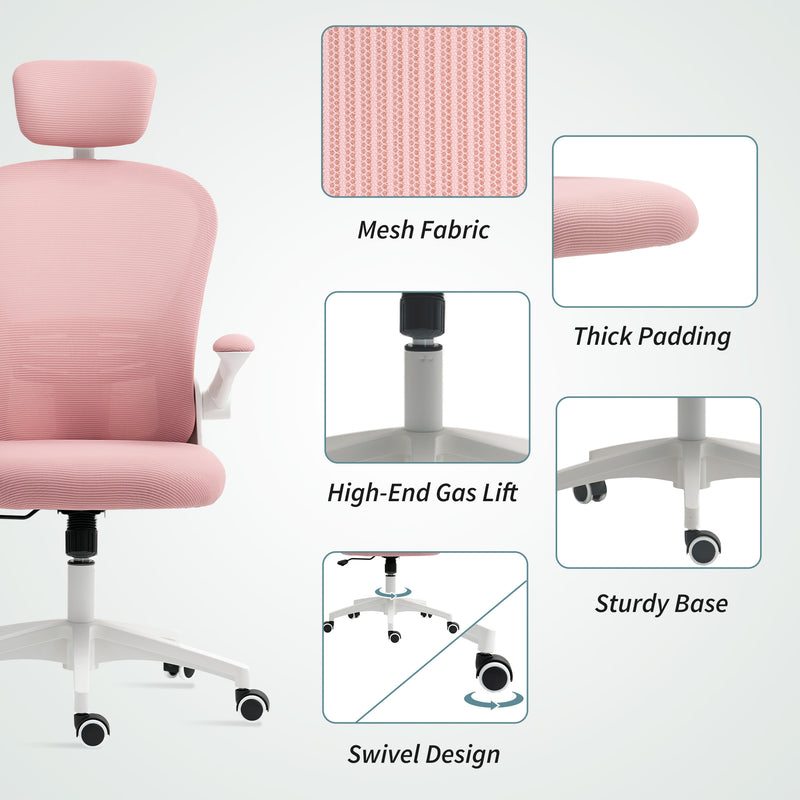 Vinsetto Multi-Adjustable Office Chair, with Lumbar Support, Headrest and Mesh Back - Pink – view 8