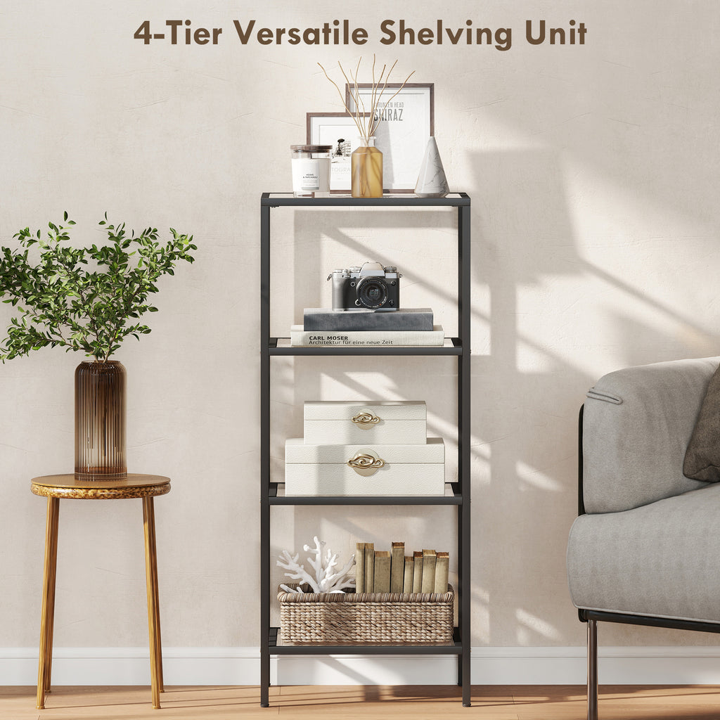 4-Tier Shelving Unit, Glass Shelf, Vertical Storage Shelf for Living Room, Home Office, Bedroom, Bathroom, Black
