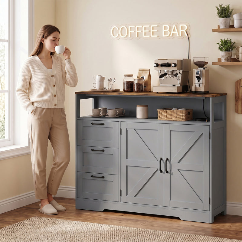 HOMCOM Sideboard Cabinet with Power Outlet, Farmhouse Kitchen Cabinet with 3 Drawers and Open Shelf, Grey – view 8