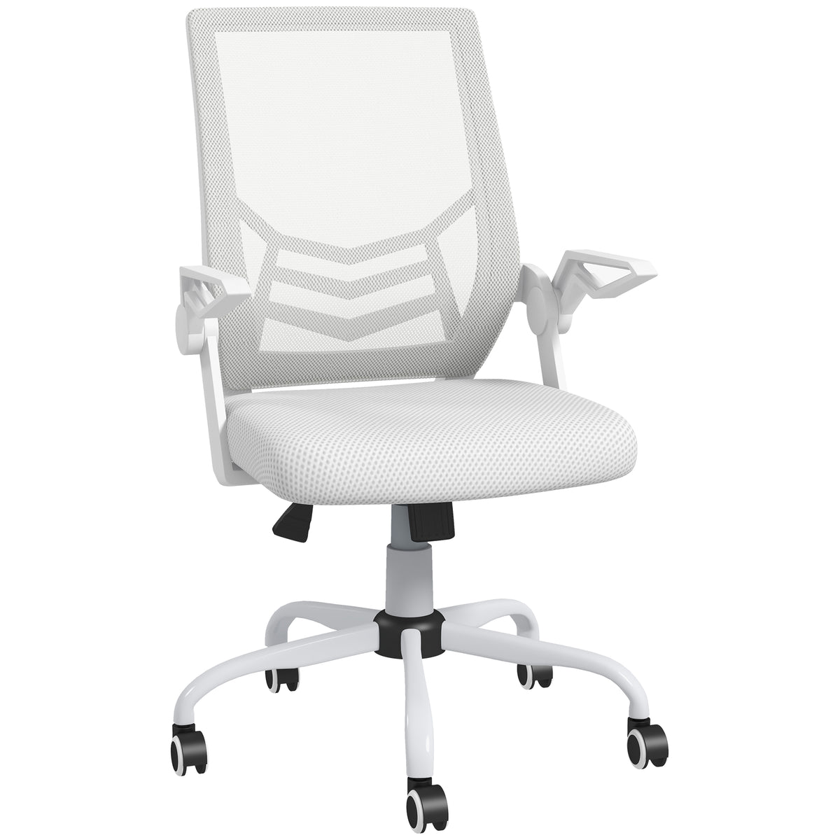 White mesh office chair with curved back, padded seat, flip-up armrests and swivel wheels