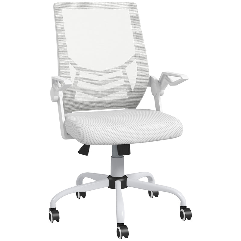 White mesh office chair with curved back, padded seat, flip-up armrests and swivel wheels
