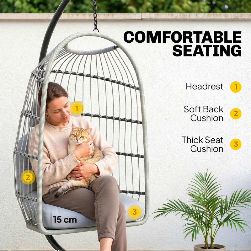 Outsunny Hanging Egg Chair, Indoor Outdoor Hammock Swing Chair with Stand, Safety Strap, Foldable Basket, Light Grey – view 6