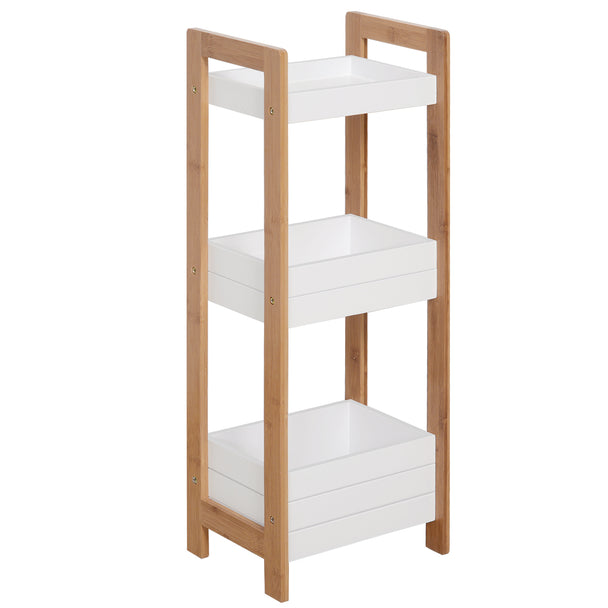 Slim 3-tier bamboo bathroom shelf unit with white shelves holding towels and toiletries