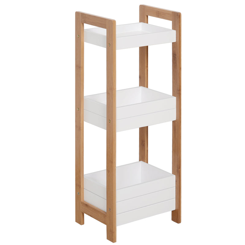 Slim 3-tier bamboo bathroom shelf unit with white shelves holding towels and toiletries