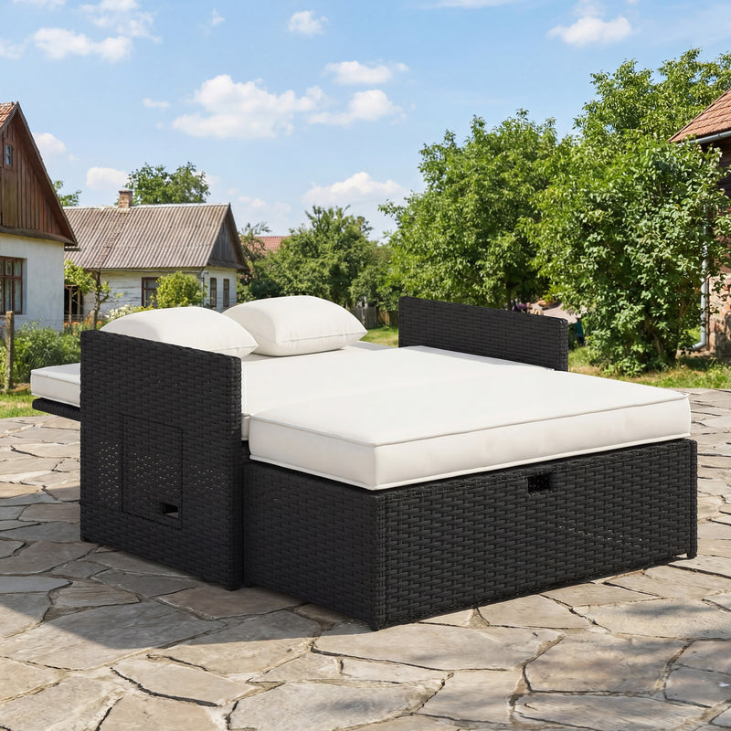 Outsunny Rattan Garden Daybed, Double Sun Lounger with 5-Level Adjustable Back, Storage Ottoman, Cream White – view 10