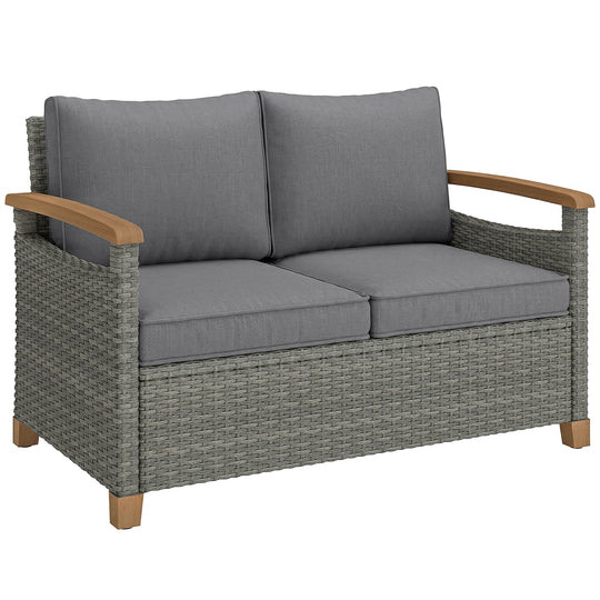 Dark grey 2-seater rattan garden sofa with grey cushions and acacia wood armrests