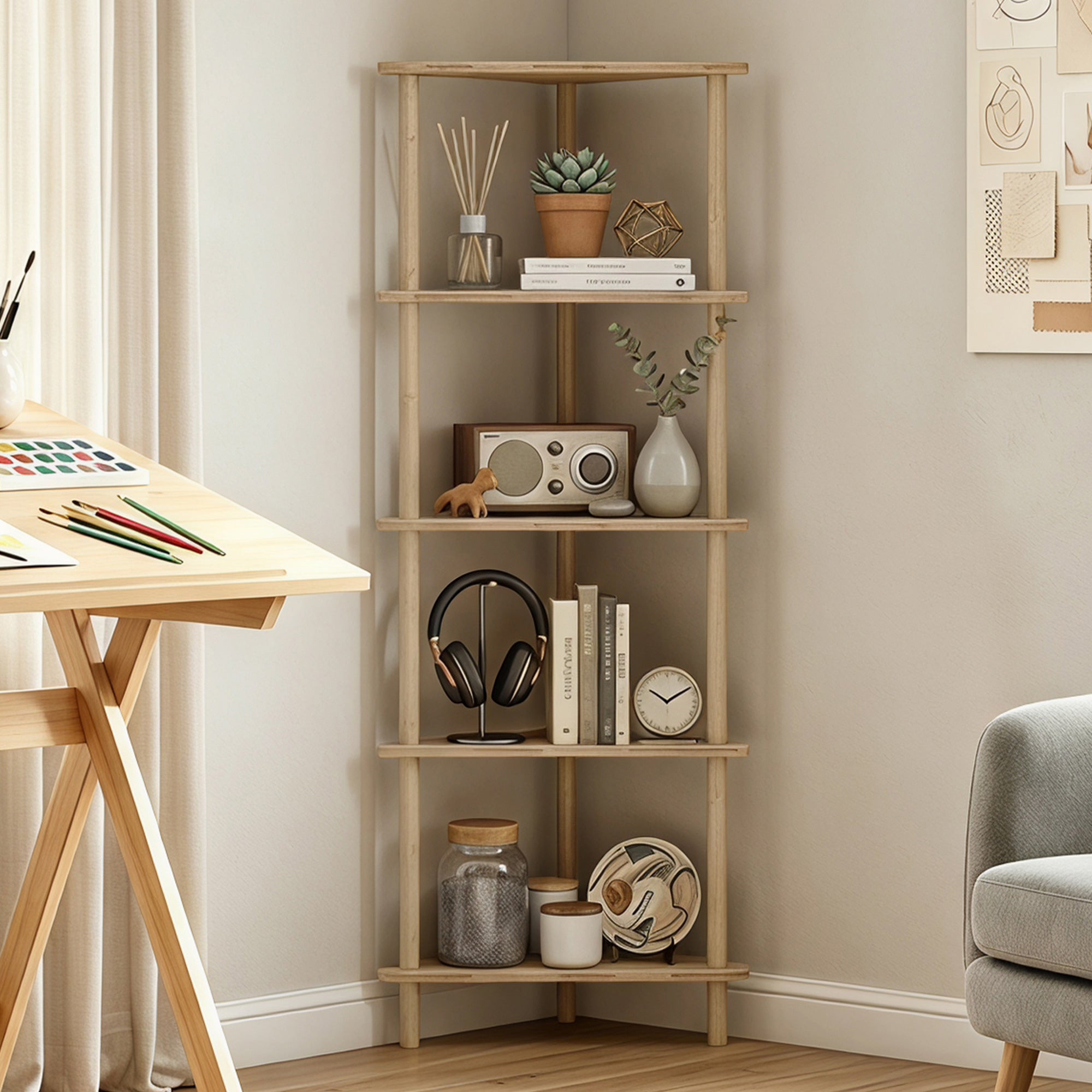 Bamboo Storage Shelf, 5-tier Corner Shelf, Freestanding Shelving Unit for Living Room, Home Office, Natural Wood Finish