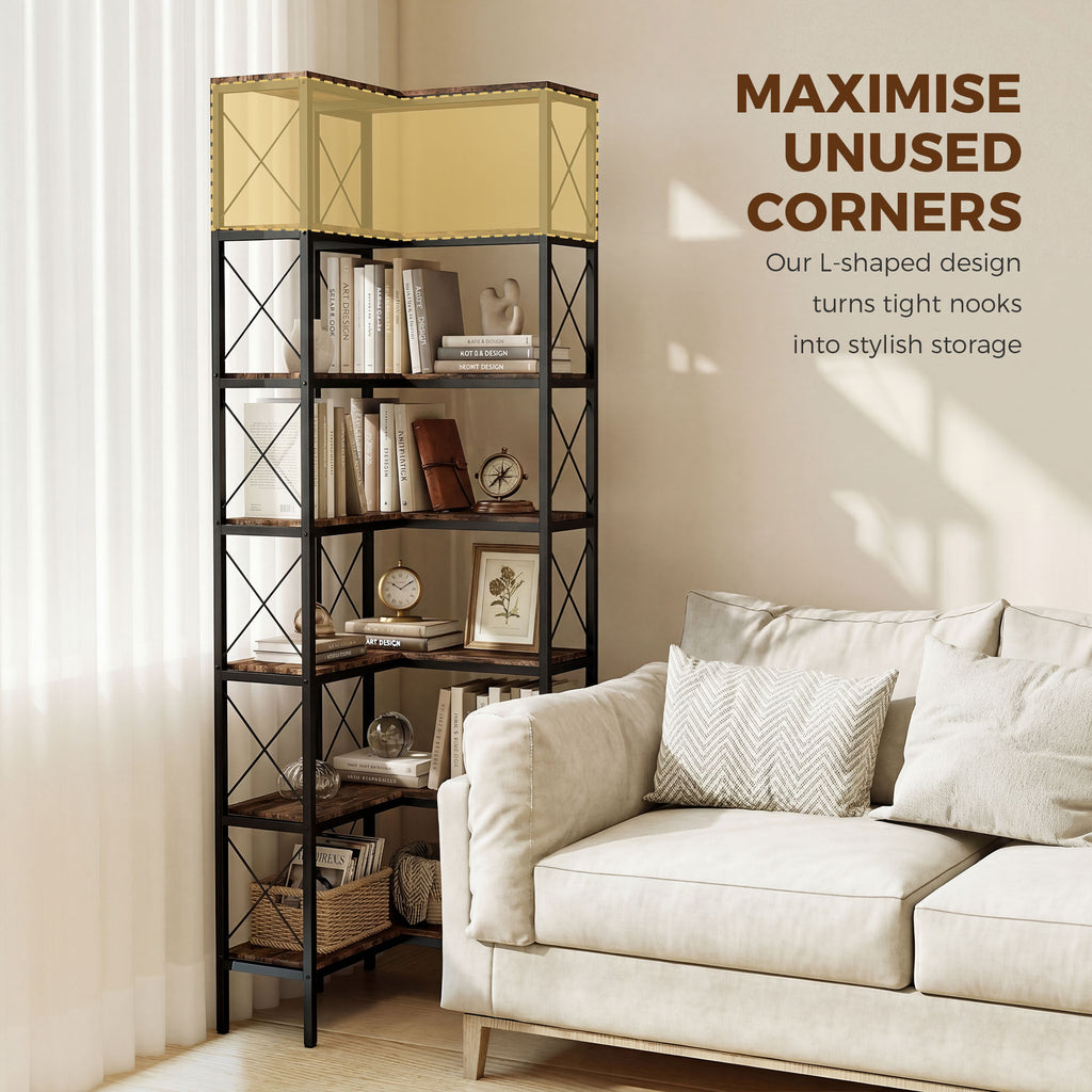 6-Tier L-Shaped Bookshelf, Freestanding Corner Bookcase with Metal Frame, Rustic Brown