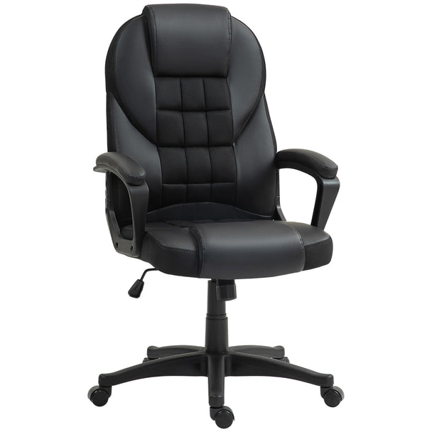 Black high back faux leather office chair with padded armrests and five-castor swivel base