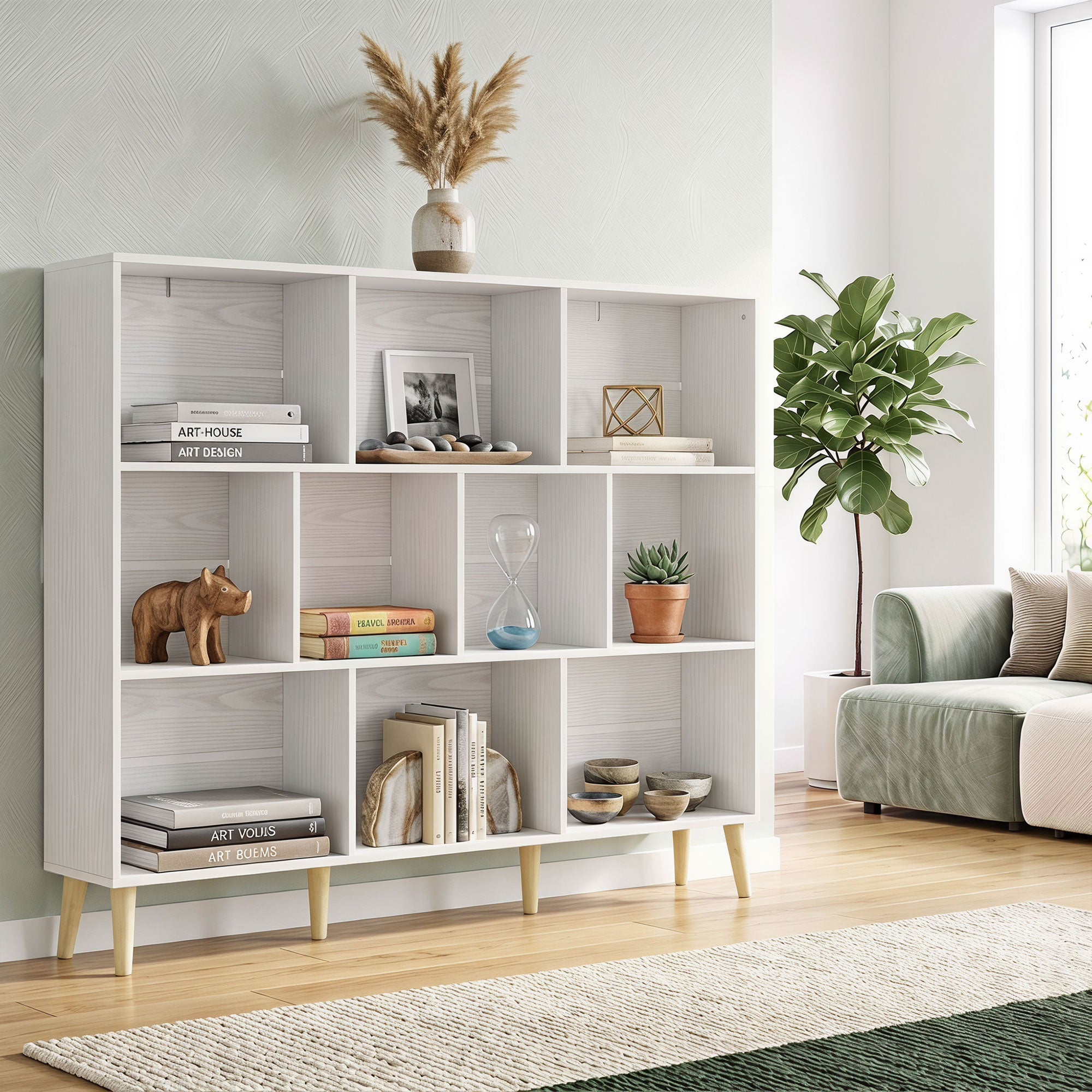 10-Cube Bookcase, 3-Tier Book Shelf with Solid Wood Legs, 140 cm Modern Bookshelf with Anti-Tip Kit for Bedroom, White