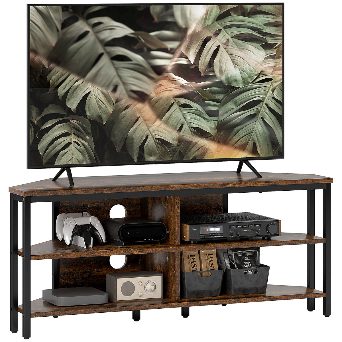 106 cm Industrial Corner TV Stand with 4 Shelves – Rustic Brown
