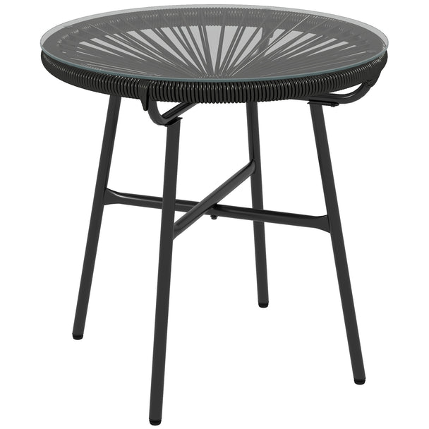 Black round rattan side table with vine-wrapped wicker base and glass top
