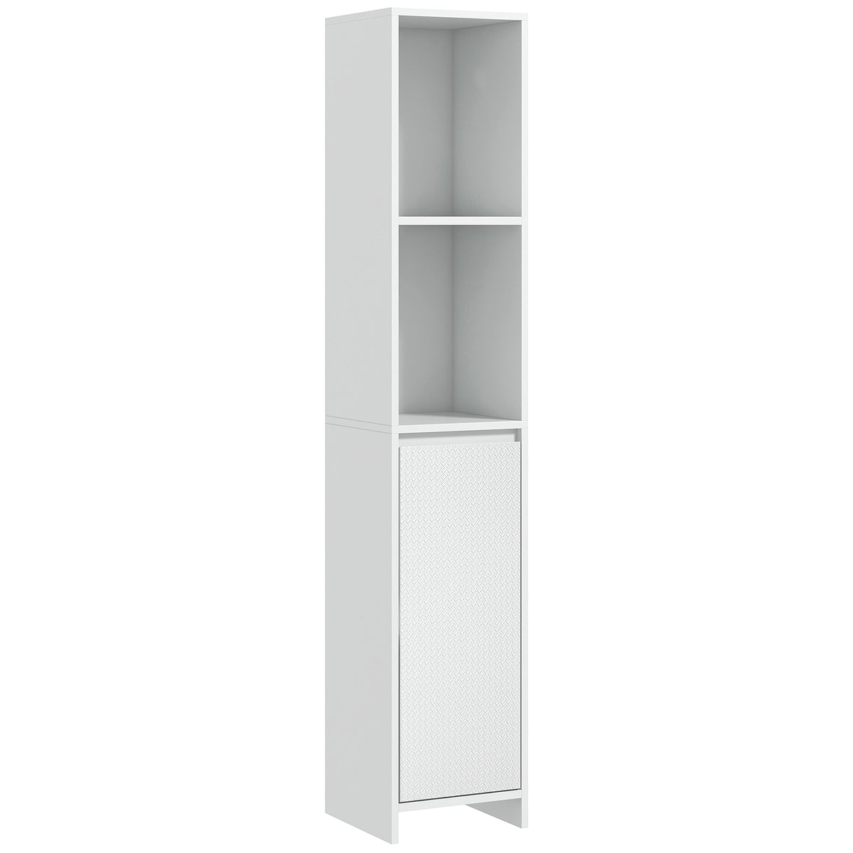 Narrow white 160 cm bathroom cabinet with two open compartments and lower cupboard