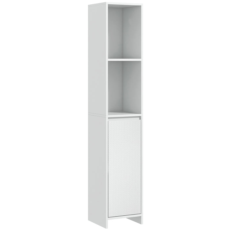 Narrow white 160 cm bathroom cabinet with two open compartments and lower cupboard