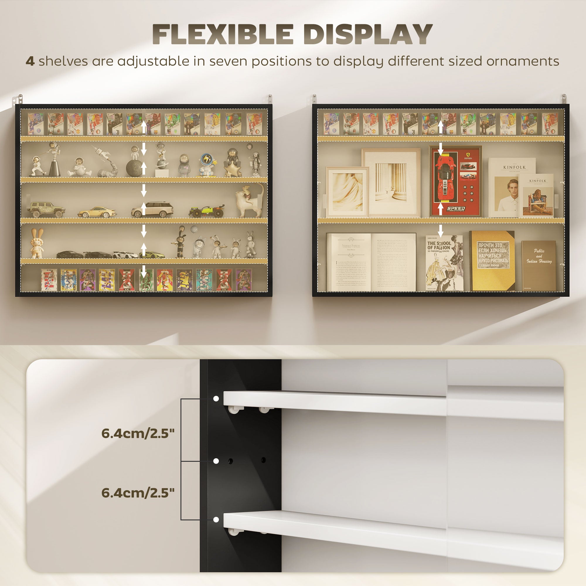 5-Tier Wall Display Cabinet,  Wall Mounted Display Case w/ 4 Adjustable Shelves, Glass Doors, 60x80cm, Black and White