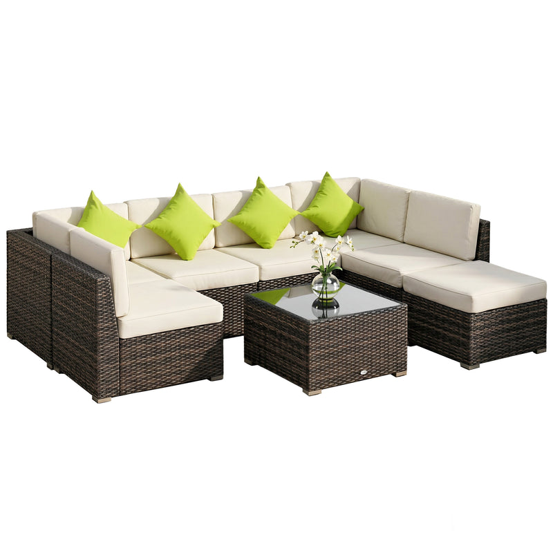 Brown 8-piece modular rattan corner sofa set with khaki cushions, footstool and glass table