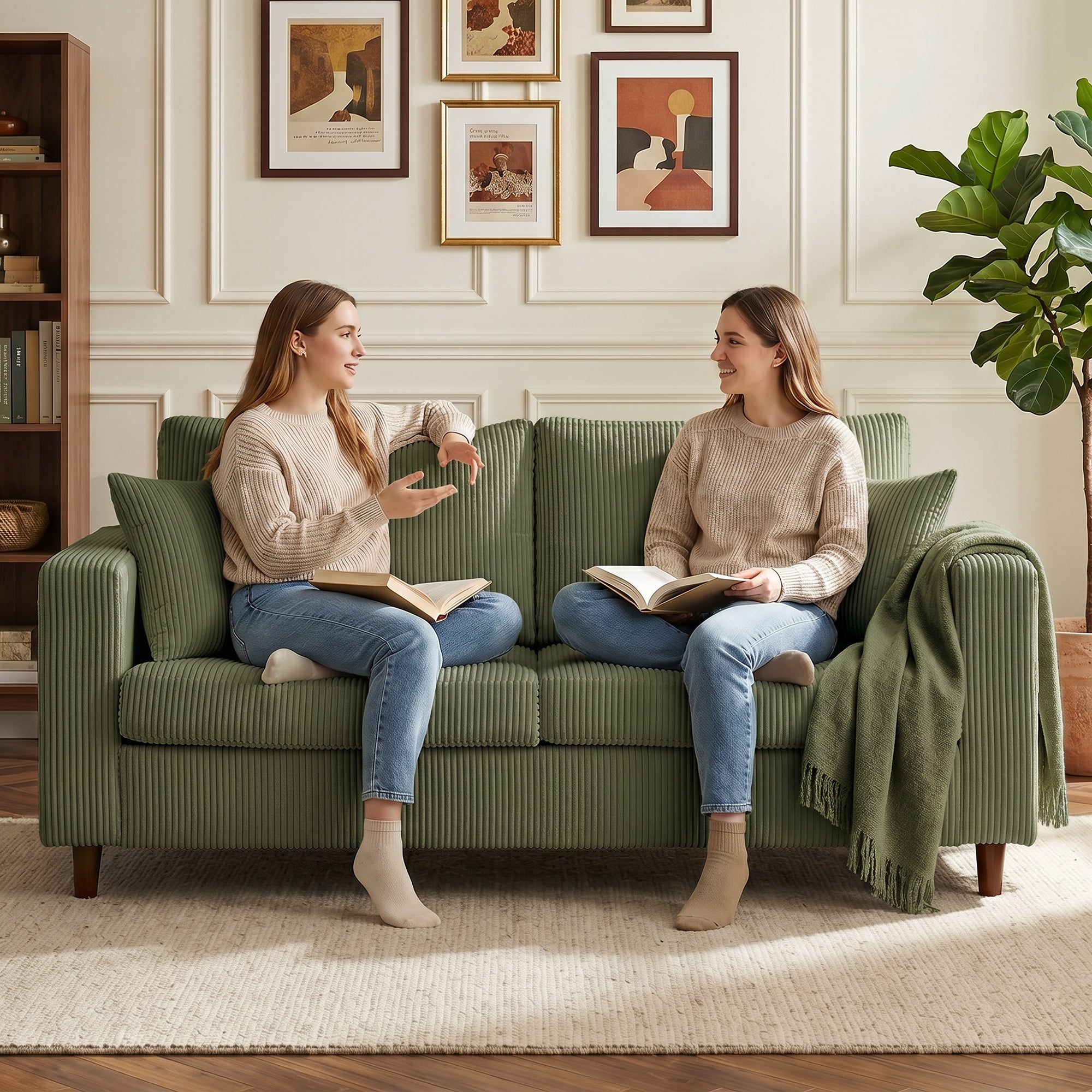 Loveseat Sofa with Wide Seat, Corduroy 2 Seater Couch with Deep Seat, Spring Cushion, Green