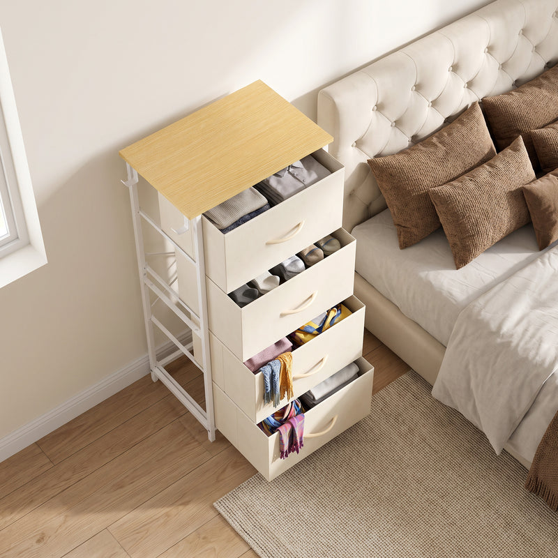 HOMCOM Chest of Drawers with 4 Fabric Drawers, Tall Storage Unit with 2 Hooks and Steel Frame for Bedroom, Beige – view 8