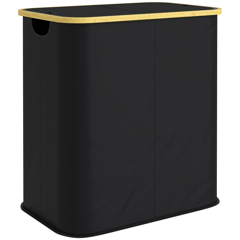 Black 80L double laundry basket with lids, bamboo frame and two compartments