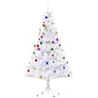 5ft snow-white artificial Christmas tree decorated with colourful baubles, golden bells and pine cones