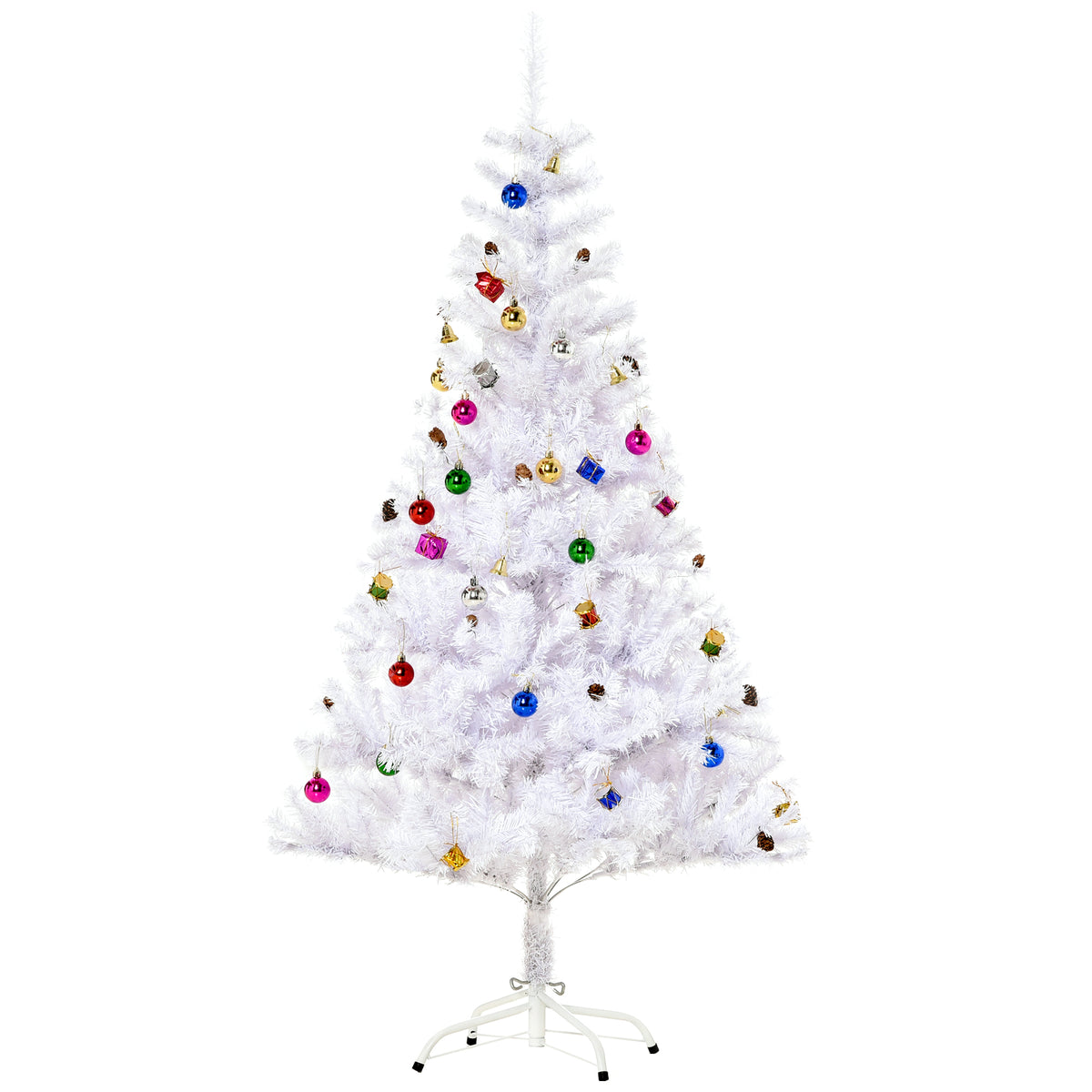 5ft snow-white artificial Christmas tree decorated with colourful baubles, golden bells and pine cones