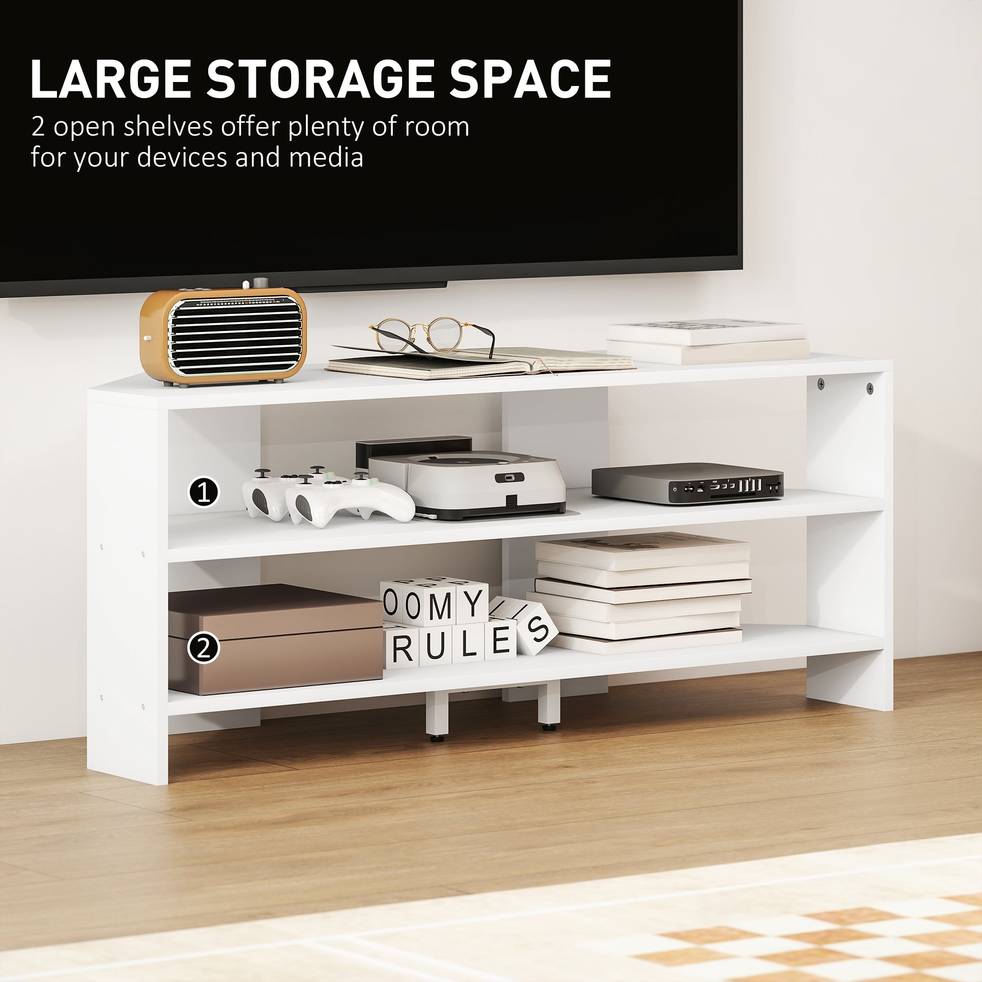 Corner TV Stand with 2 Open Shelves for 47 Inch TV - White