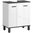 High gloss white under sink cabinet with dark grey top and black legs