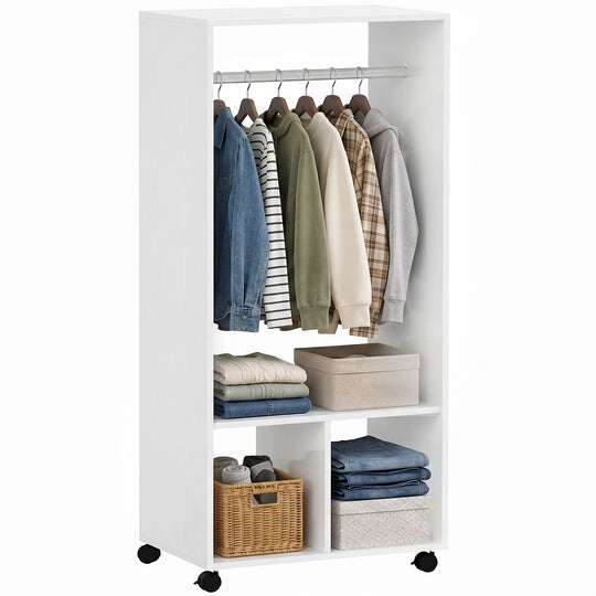 Slim 60 cm white open wardrobe on wheels with hanging rail and two shelves