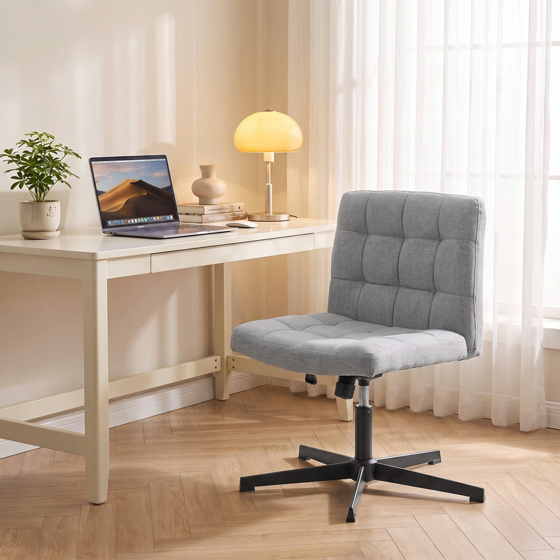 HOMCOM Armless Office Chair, Cross Legged Linen Computer Desk Vanity Chair with Wide Seat, Rocking Function, Grey – view 9