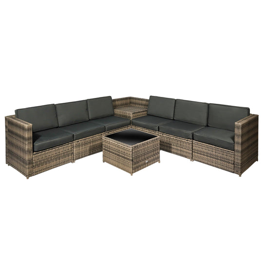 Mixed brown 8-piece rattan corner sofa set with storage corner table and glass coffee table