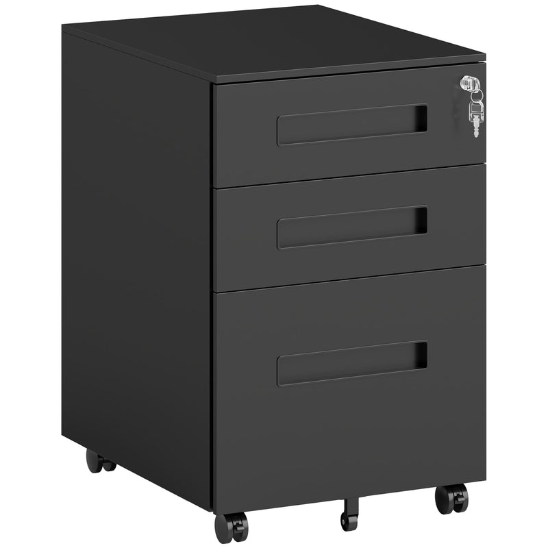 Black 39 cm wide steel 3-drawer filing cabinet with top lock and castors