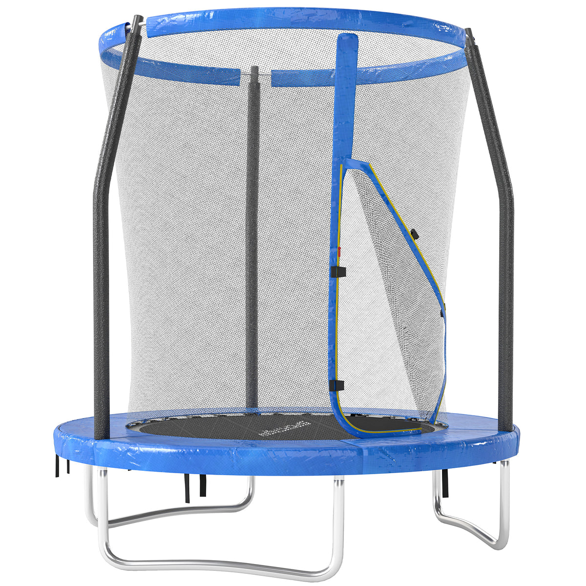 6ft blue and black outdoor trampoline with enclosure net, padded curved poles and zipped entry