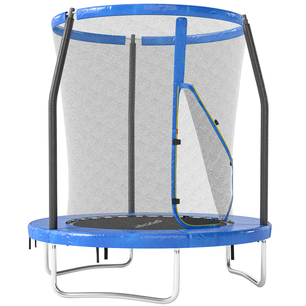 6ft blue and black outdoor trampoline with enclosure net, padded curved poles and zipped entry