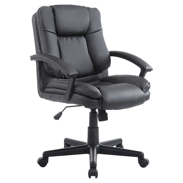 Black PU leather swivel desk chair with padded high back, armrests and five wheels