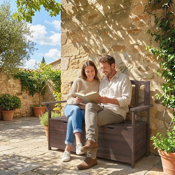 Outsunny Outdoor 2 Seater Garden Bench, Wooden Bench with Storage, Backrest, Arm Rests, 112 x 84 x 58 cm, Brown – view 2