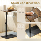 C Shaped Side Table, Small End Table with Adjustable Height and Metal Base for Living Room, Bedroom, Rustic Brown