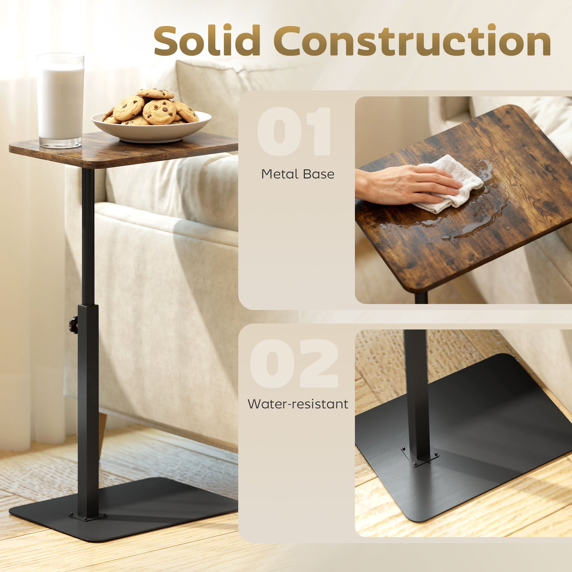 C Shaped Side Table, Small End Table with Adjustable Height and Metal Base for Living Room, Bedroom, Rustic Brown